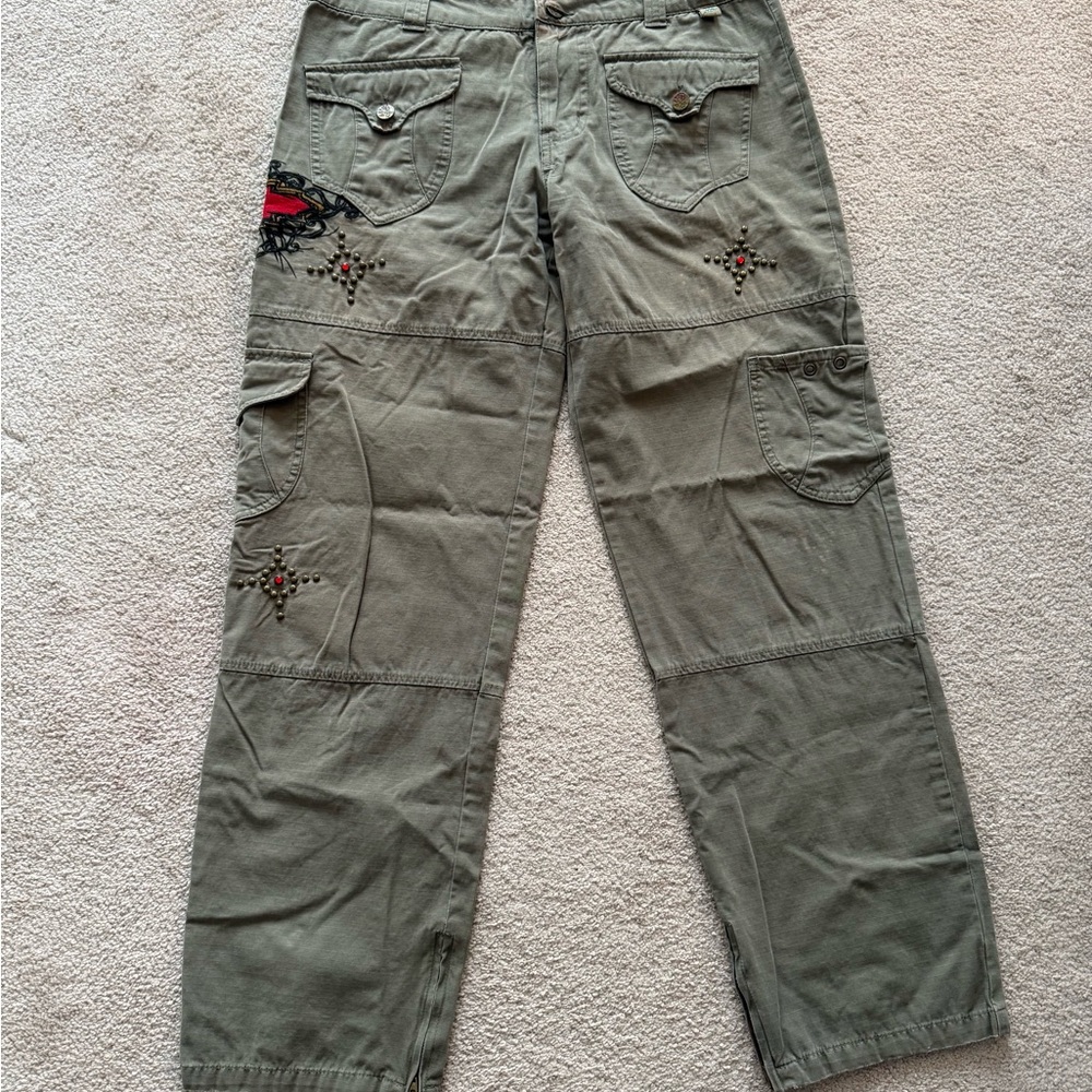 Embroidered Olive Green Cargo Pants